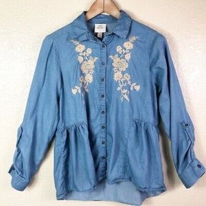 Knox Rose • XS Small Blue Chambray Tan Floral Embroidery Button Peplum Top